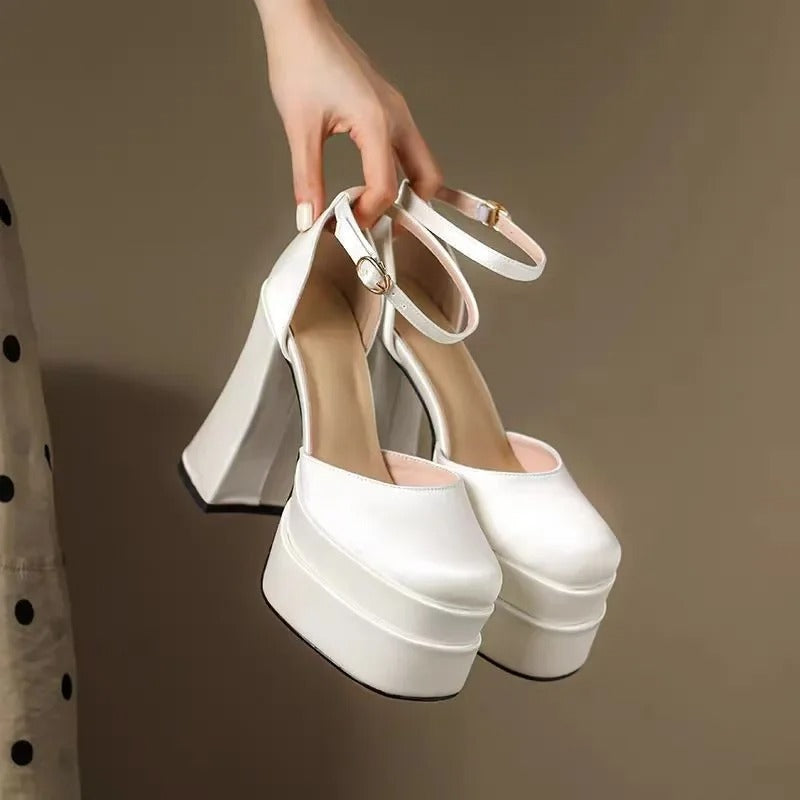 Mary Jane Block Heels High Quality Satin Women's Ultra High Heels Round Toe Thick Sole Ankle Straps Party Wedding Shoes
