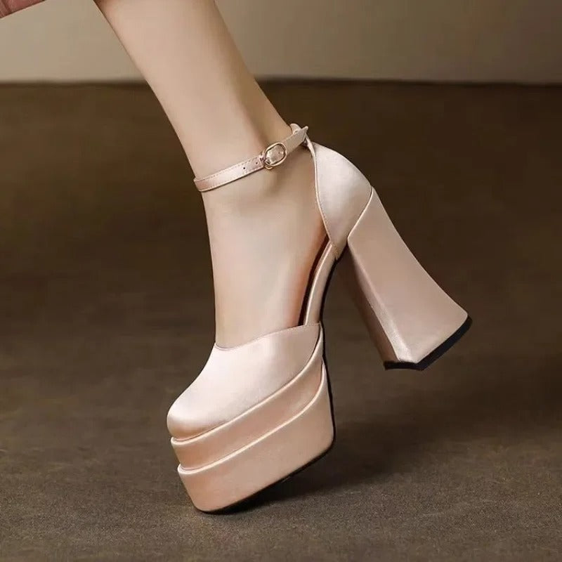 Mary Jane Block Heels High Quality Satin Women's Ultra High Heels Round Toe Thick Sole Ankle Straps Party Wedding Shoes