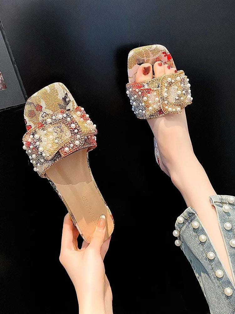 Chunky Heel Fashion Flat Ladies Rhinestone Slippers Women's Shoes Comfort Summer Peep Toe Shoes