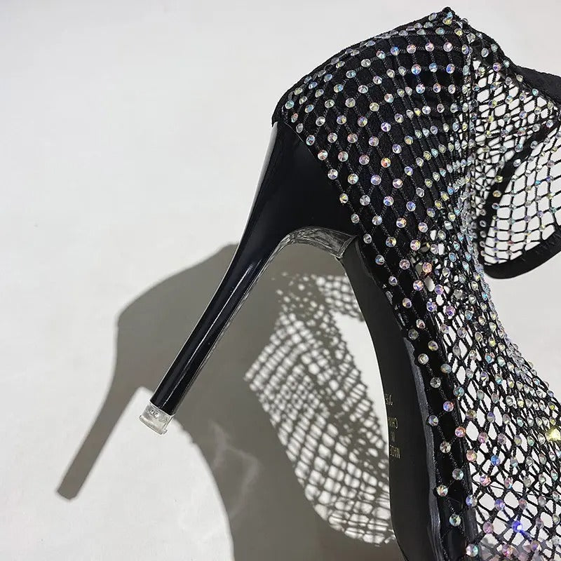 Bling Bling Rhinestone Mesh Pointed Toe Sandals Ankle Boots Stiletto High Heels Female Crystal Mesh Shoes Sandals
