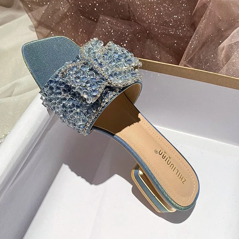 Chunky Heel Fashion Flat Ladies Rhinestone Slippers Women's Shoes Comfort Summer Peep Toe Shoes