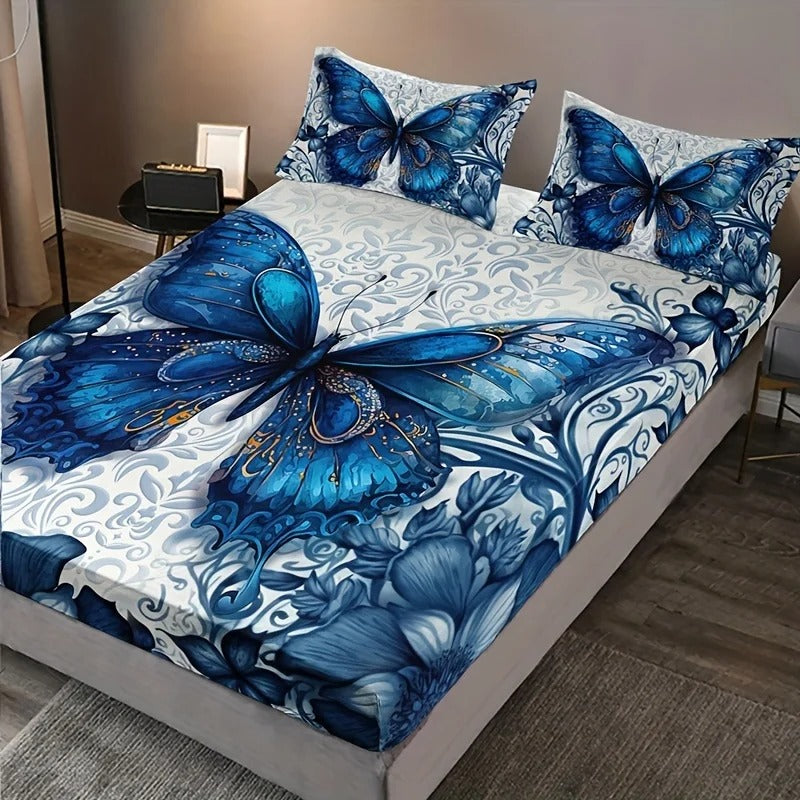 3pcs Blue Butterfly Floral Fitted Sheet Set (1 Fitted Sheet + 2 Pillowcase Without Pillow Insert) for King, Queen, Full, and Twin Bedsheets