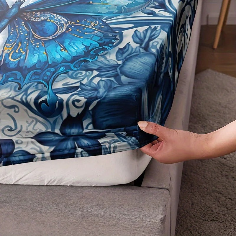 3pcs Blue Butterfly Floral Fitted Sheet Set (1 Fitted Sheet + 2 Pillowcase Without Pillow Insert) for King, Queen, Full, and Twin Bedsheets