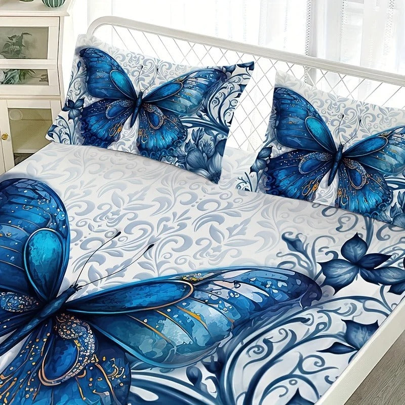 3pcs Blue Butterfly Floral Fitted Sheet Set (1 Fitted Sheet + 2 Pillowcase Without Pillow Insert) for King, Queen, Full, and Twin Bedsheets