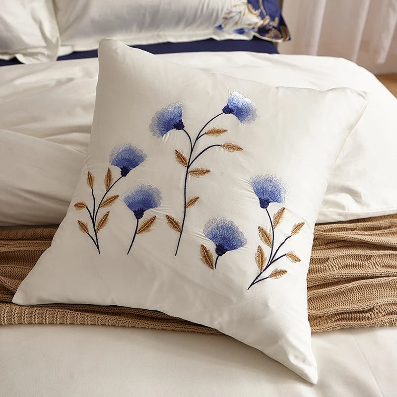 Chic Embroidered White Blue Luxury Bedding Set for King, Queen, Full, and Twin Bedsheets