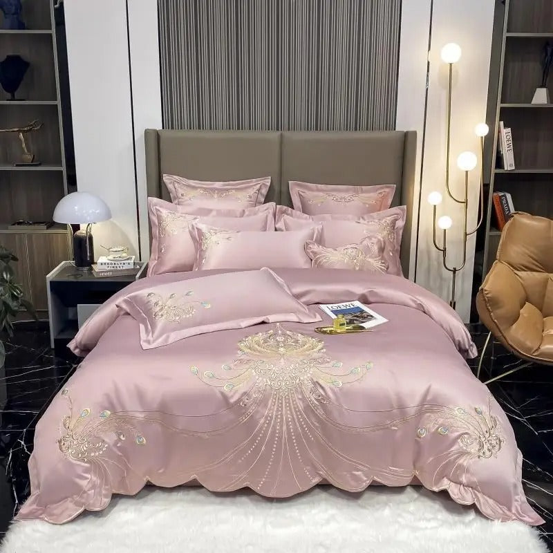 Sateen Gold Embroidery Luxury Satin Cotton Bedding Set for King, Queen Full, Twin Bedsheets