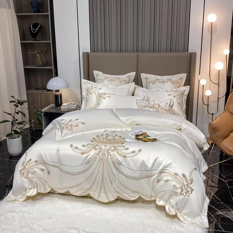 Sateen Gold Embroidery Luxury Satin Cotton Bedding Set for King, Queen Full, Twin Bedsheets