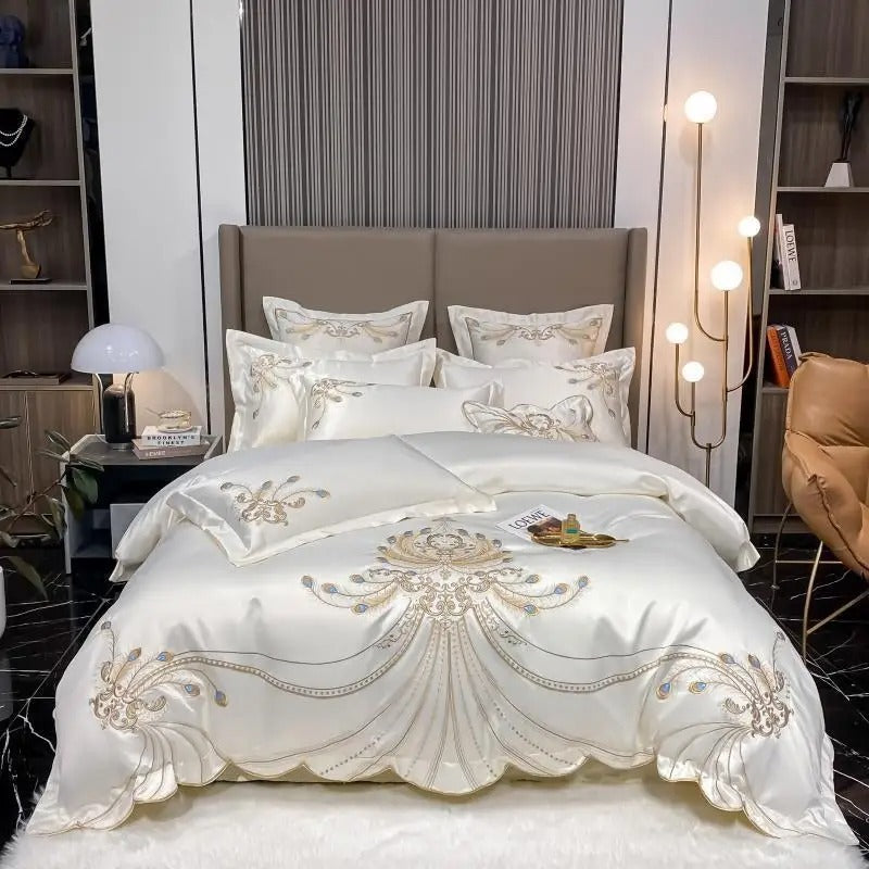 Sateen Gold Embroidery Luxury Satin Cotton Bedding Set for King, Queen Full, Twin Bedsheets