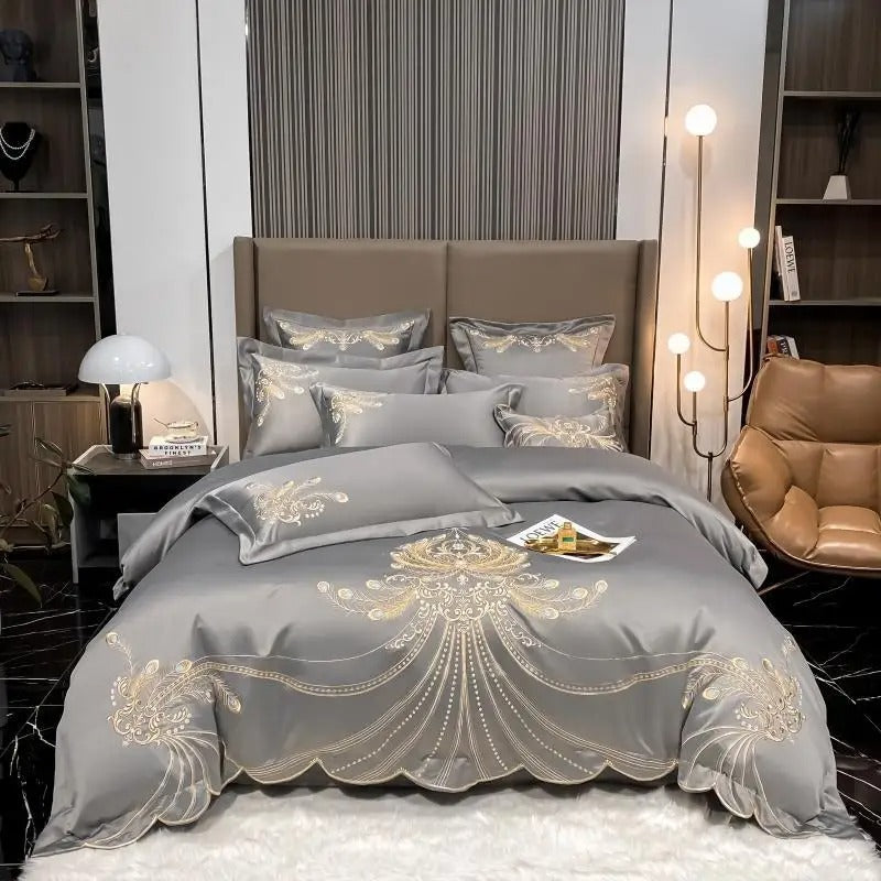 Sateen Gold Embroidery Luxury Satin Cotton Bedding Set for King, Queen Full, Twin Bedsheets