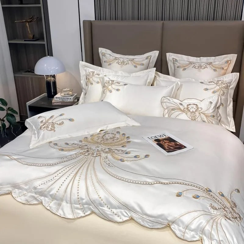 Sateen Gold Embroidery Luxury Satin Cotton Bedding Set for King, Queen Full, Twin Bedsheets
