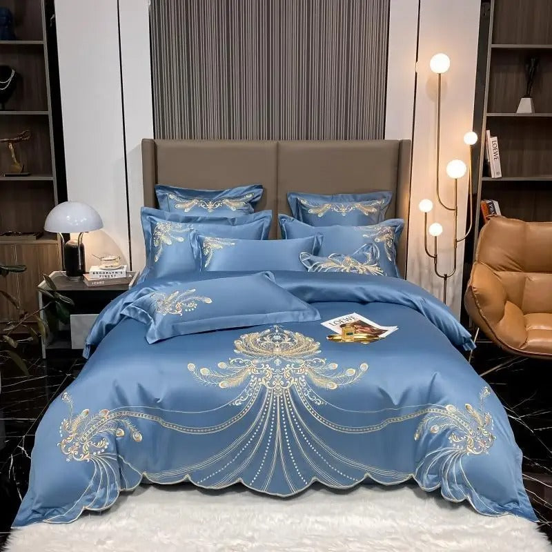 Sateen Gold Embroidery Luxury Satin Cotton Bedding Set for King, Queen Full, Twin Bedsheets
