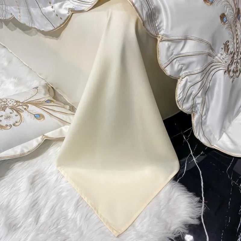Sateen Gold Embroidery Luxury Satin Cotton Bedding Set for King, Queen Full, Twin Bedsheets