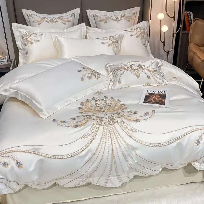 Sateen Gold Embroidery Luxury Satin Cotton Bedding Set for King, Queen Full, Twin Bedsheets