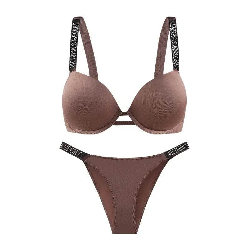 Push-Up Bra Panties Adjustable Straps Rhinestone Engraved Women's Bra Set