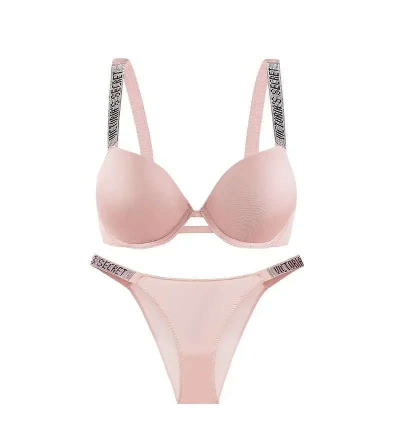 Push-Up Bra Panties Adjustable Straps Rhinestone Engraved Women's Bra Set