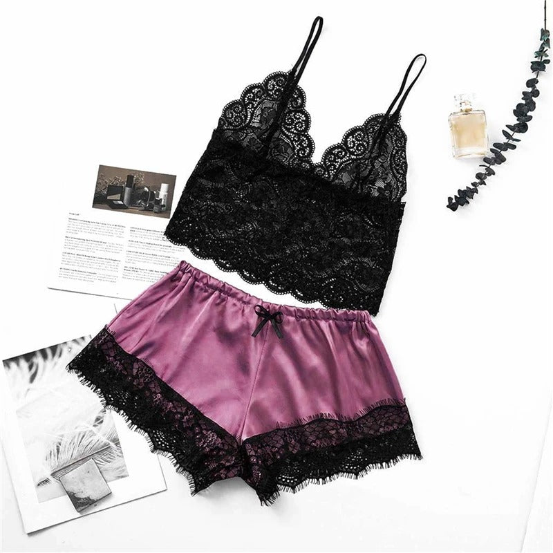 Sexy Lace Silk Sleepwear Two Piece Set Of Suspender Shorts For Women