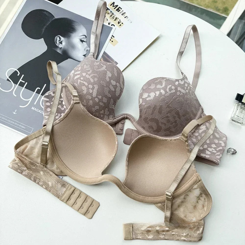 Leopard Jacquard Lace Sexy Deep V Brassieres Push Up Lingerie Set