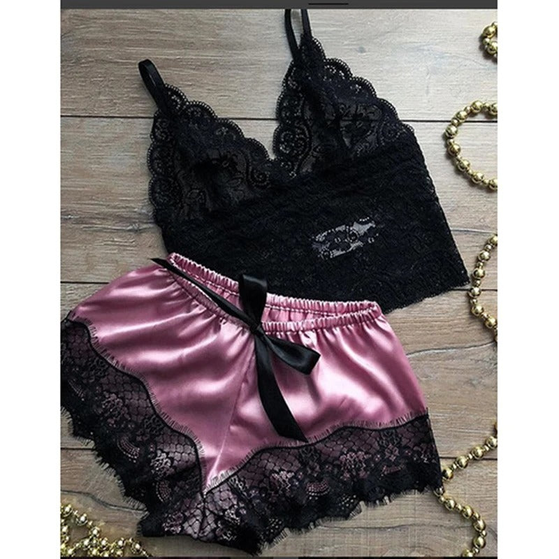 Sexy Lace Silk Sleepwear Two Piece Set Of Suspender Shorts For Women