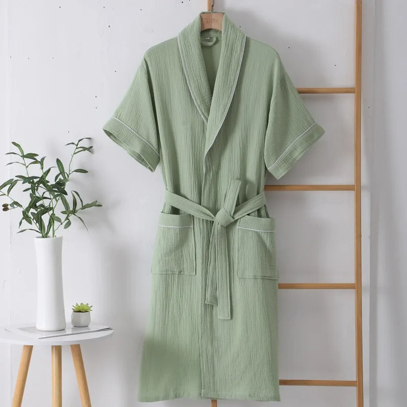 Summer Thin Cotton Bathrobe Double Layer Gauze Short Sleeve Nightgown