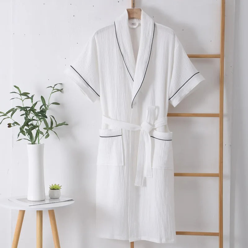 Summer Thin Cotton Bathrobe Double Layer Gauze Short Sleeve Nightgown