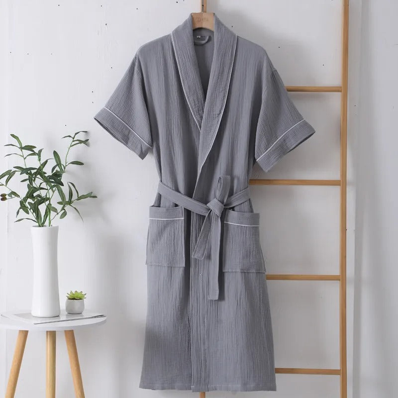 Summer Thin Cotton Bathrobe Double Layer Gauze Short Sleeve Nightgown