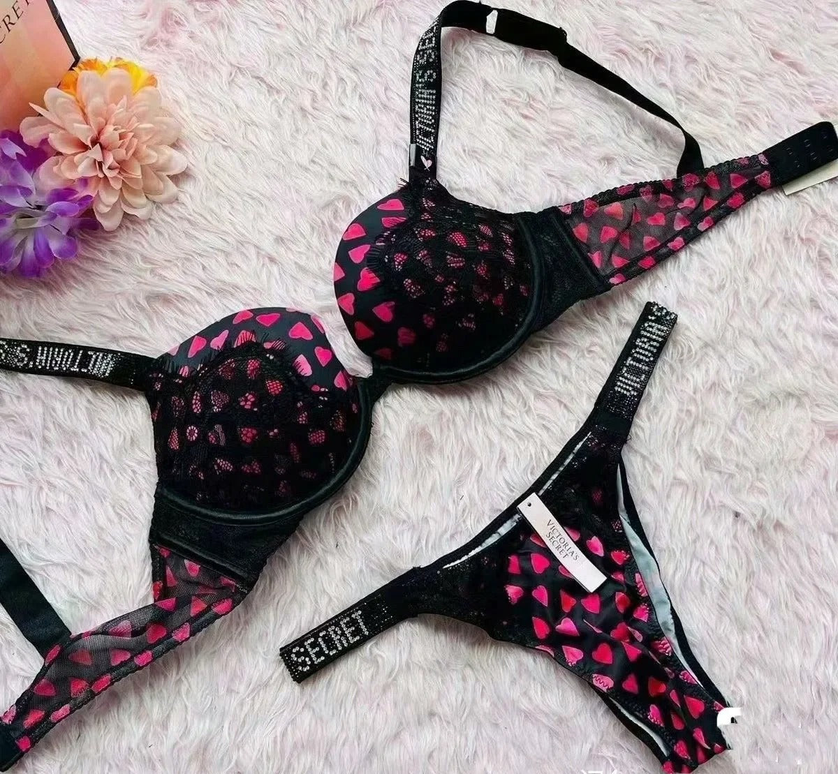 VICTORIA'S SECRET Hot Rhinestone Embellished Cute Heart Bra and Panty Set