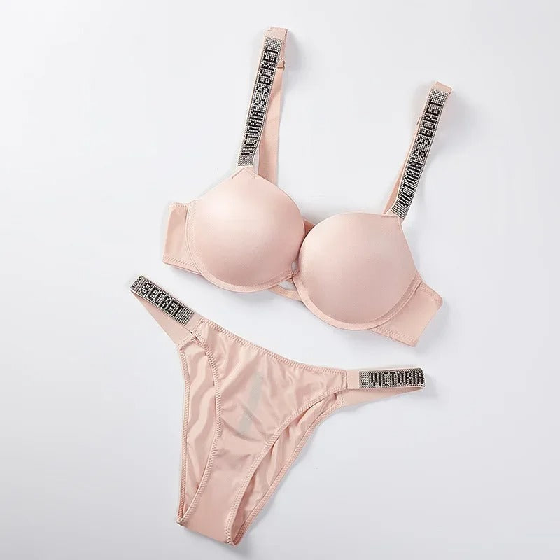 Sexy Lingerie Set 2 Piece Push Up Bra and Panty Adjustable Lace Rhinestone Underwear Sets Bras