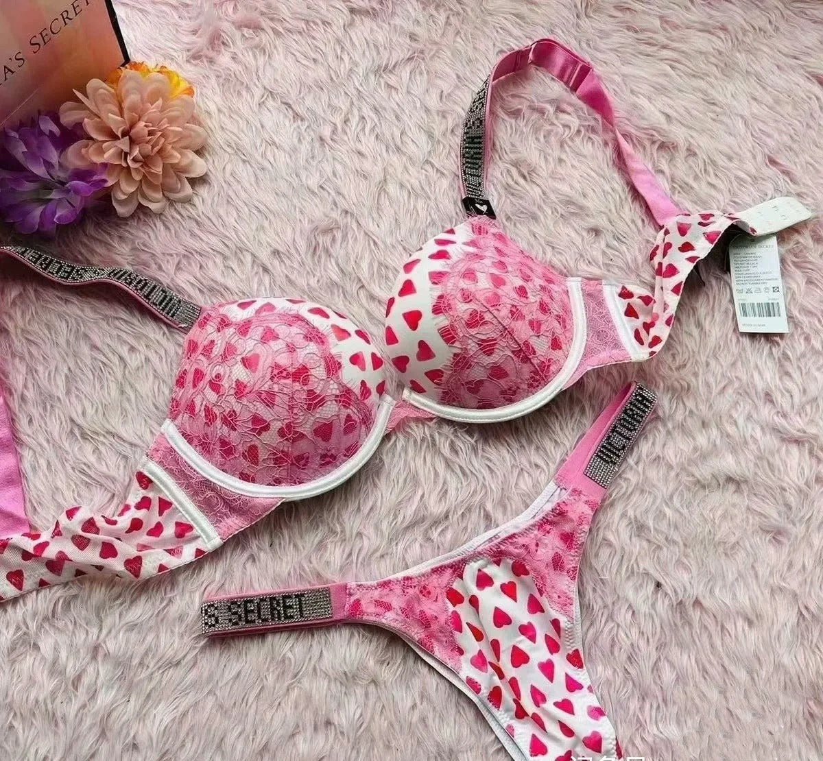 VICTORIA'S SECRET Hot Rhinestone Embellished Cute Heart Bra and Panty Set