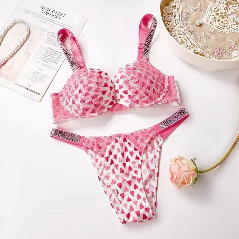 VICTORIA'S SECRET Hot Rhinestone Embellished Cute Heart Bra and Panty Set