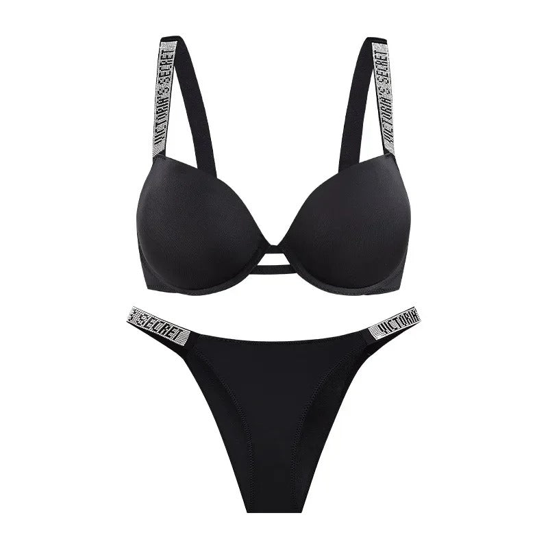 Sexy Lingerie Set 2 Piece Push Up Bra and Panty Adjustable Lace Rhinestone Underwear Sets Bras