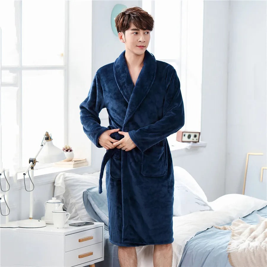 Thickened Flannel Men Robe Sleepwear Autumn Winter Warm Coral Fleece Bathrobe