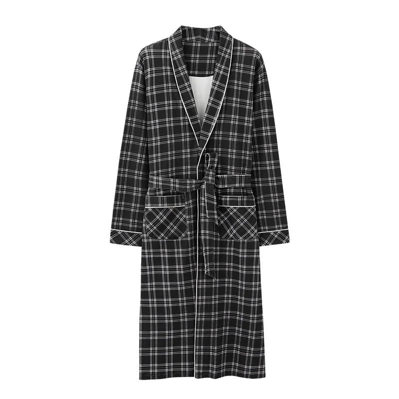 Spring Autumn Plaid Bathrobe Men Sleep Top Kimono Robes For Male