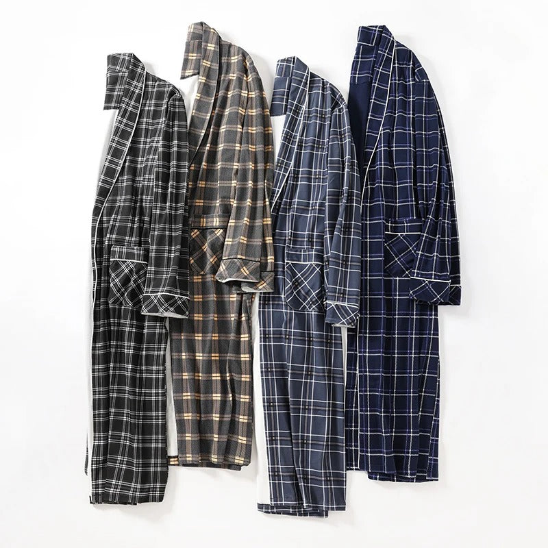 Spring Autumn Plaid Bathrobe Men Sleep Top Kimono Robes For Male