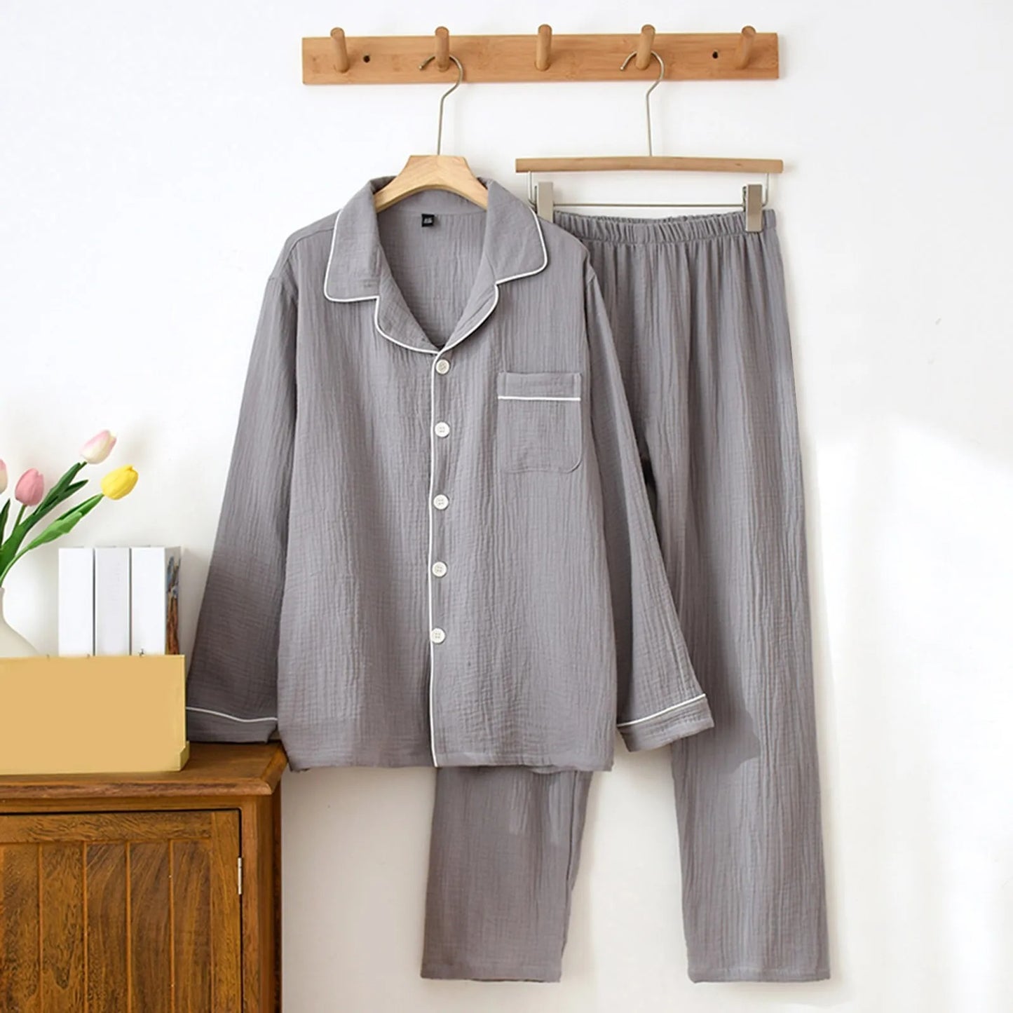 Men's Pajamas Set Casual Cardigan And Trousers Long V Neck Nightwear