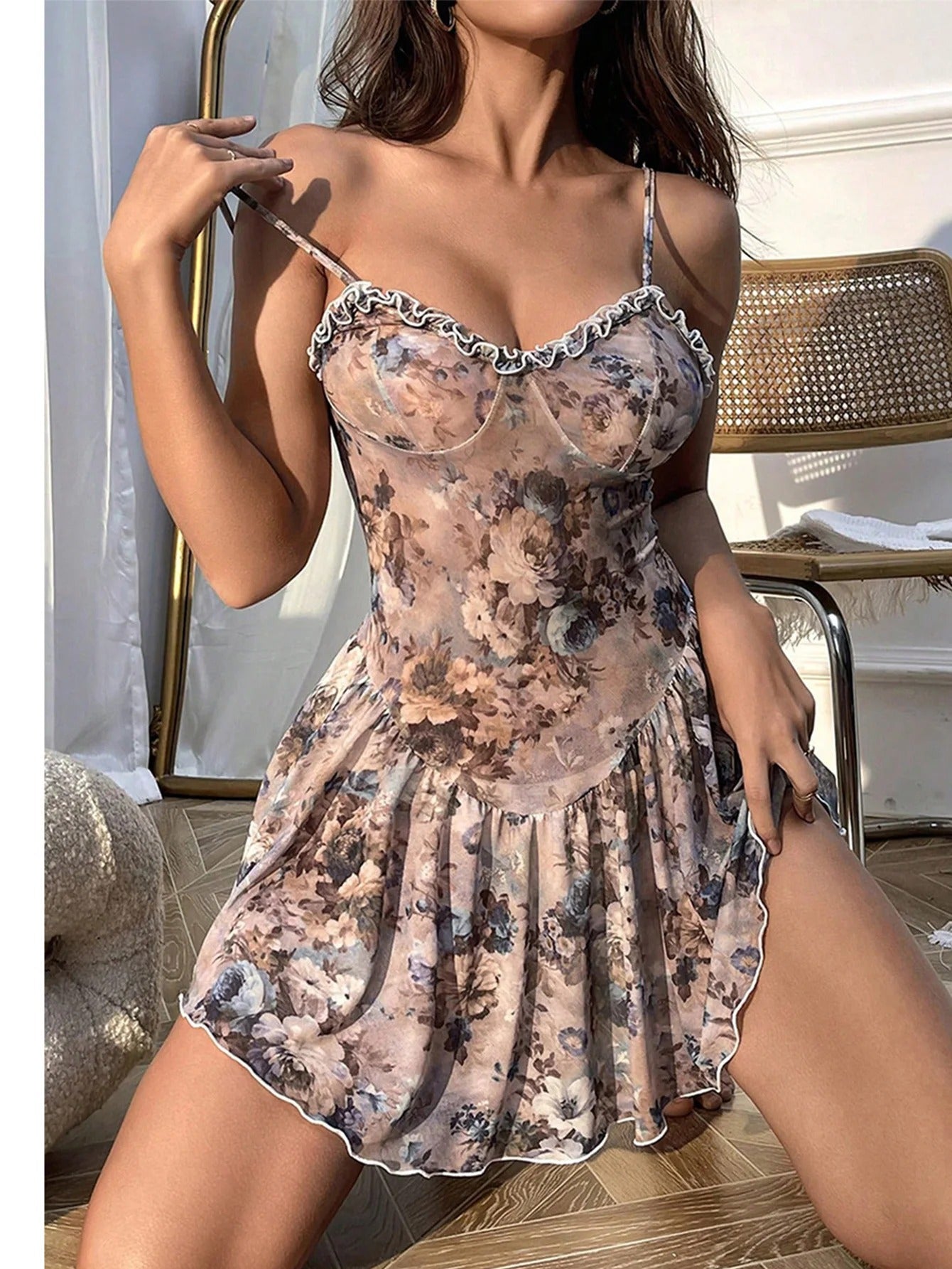 Baby Doll Floral Pleated Camisole Short Skirt and Nightgown