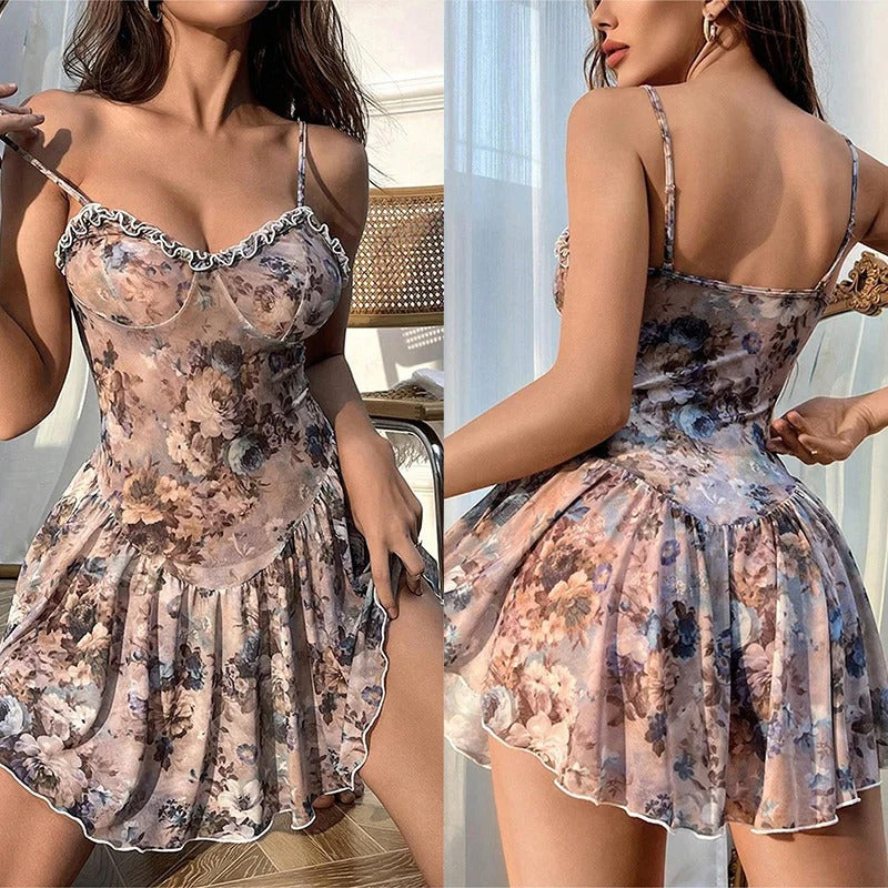 Baby Doll Floral Pleated Camisole Short Skirt and Nightgown