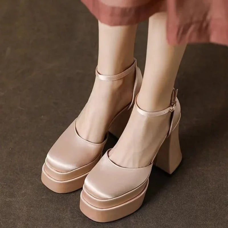 Mary Jane Block Heels High Quality Satin Women's Ultra High Heels Round Toe Thick Sole Ankle Straps Party Wedding Shoes