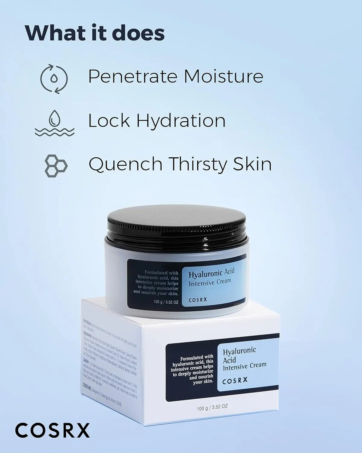 COSRX Hyaluronic Acid Moisturizing Cream, Long-lasting Hydration, Rich Moisturizer for Sensitive Skin 3.52 oz / 100g