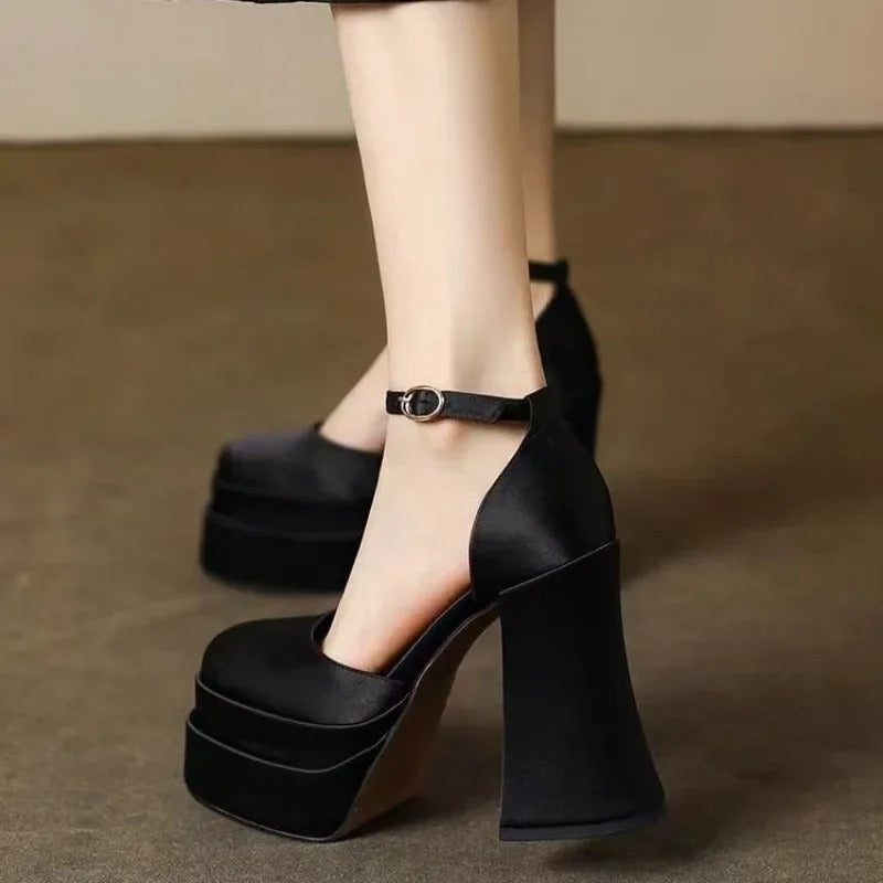Mary Jane Block Heels High Quality Satin Women's Ultra High Heels Round Toe Thick Sole Ankle Straps Party Wedding Shoes