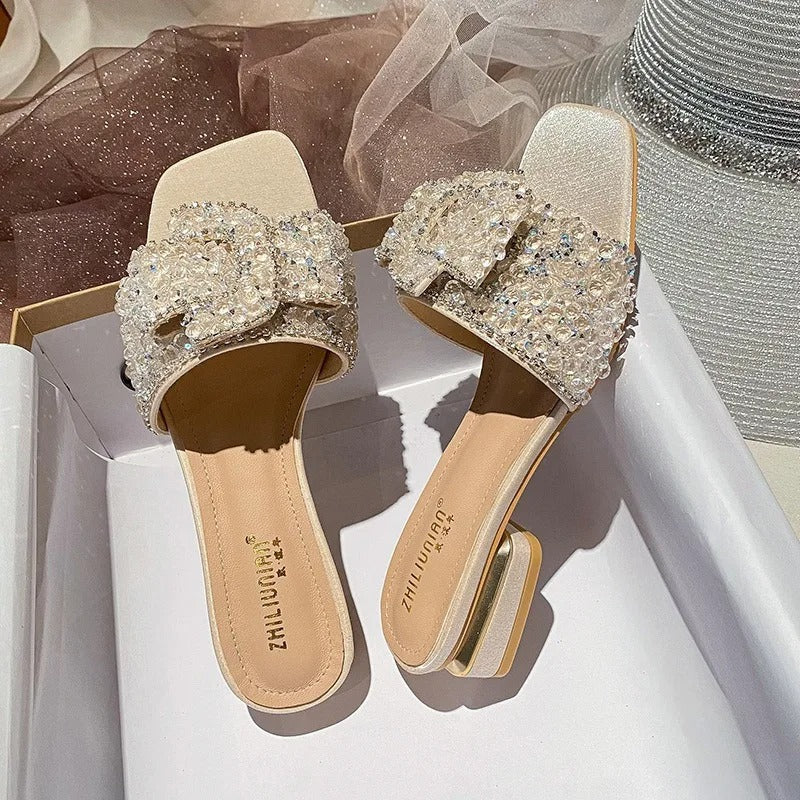 Chunky Heel Fashion Flat Ladies Rhinestone Slippers Women's Shoes Comfort Summer Peep Toe Shoes