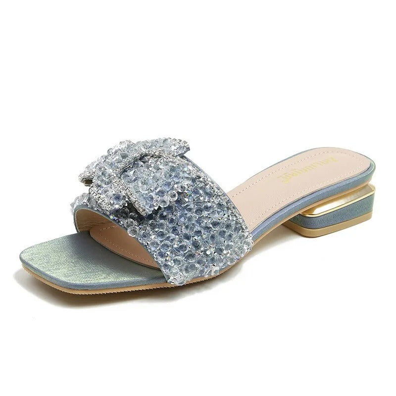 Chunky Heel Fashion Flat Ladies Rhinestone Slippers Women's Shoes Comfort Summer Peep Toe Shoes