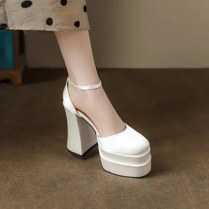 Mary Jane Block Heels High Quality Satin Women's Ultra High Heels Round Toe Thick Sole Ankle Straps Party Wedding Shoes