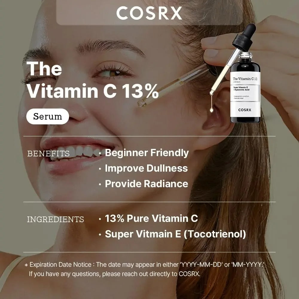 COSRX Pure Vitamin C 13% Serum with Vitamin E & Hyaluronic Acid, Brightening & Hydrating Facial Serum for Fine Lines, 20ml