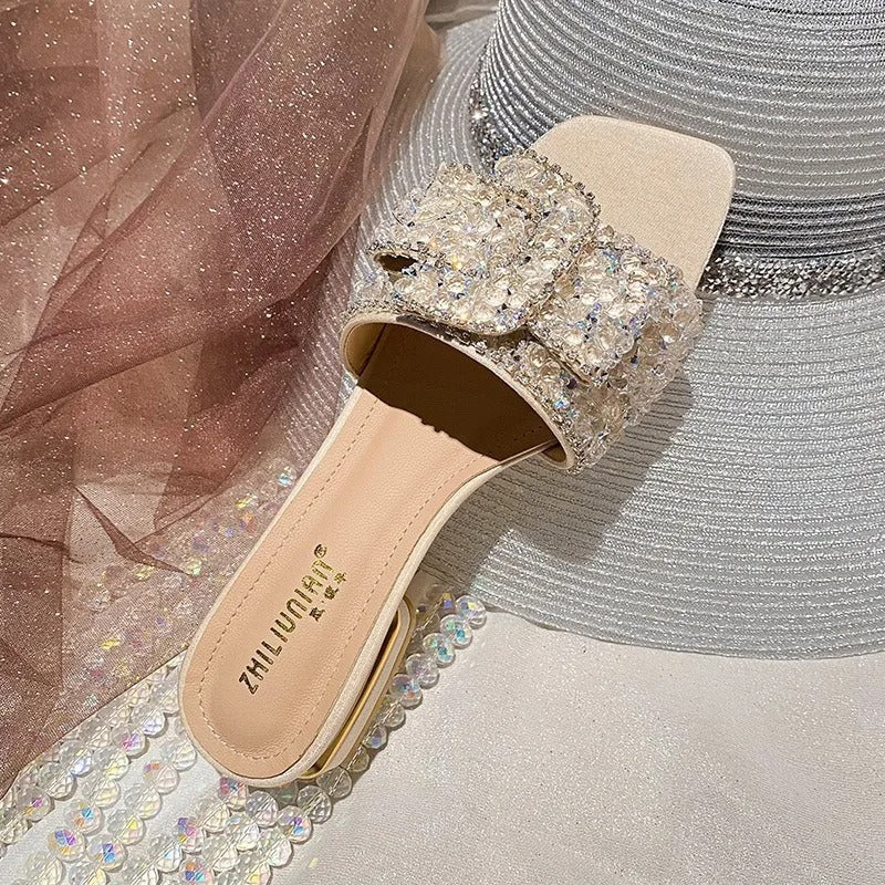 Chunky Heel Fashion Flat Ladies Rhinestone Slippers Women's Shoes Comfort Summer Peep Toe Shoes