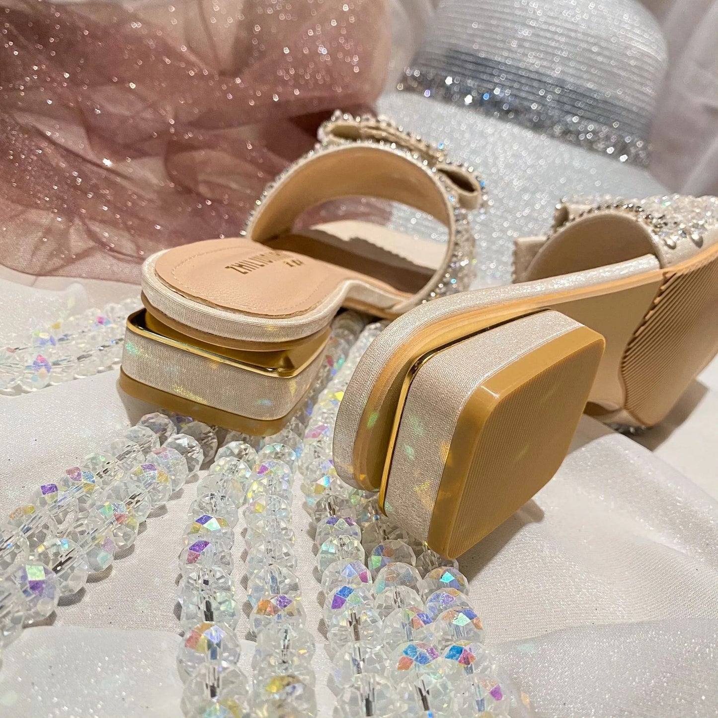 Chunky Heel Fashion Flat Ladies Rhinestone Slippers Women's Shoes Comfort Summer Peep Toe Shoes