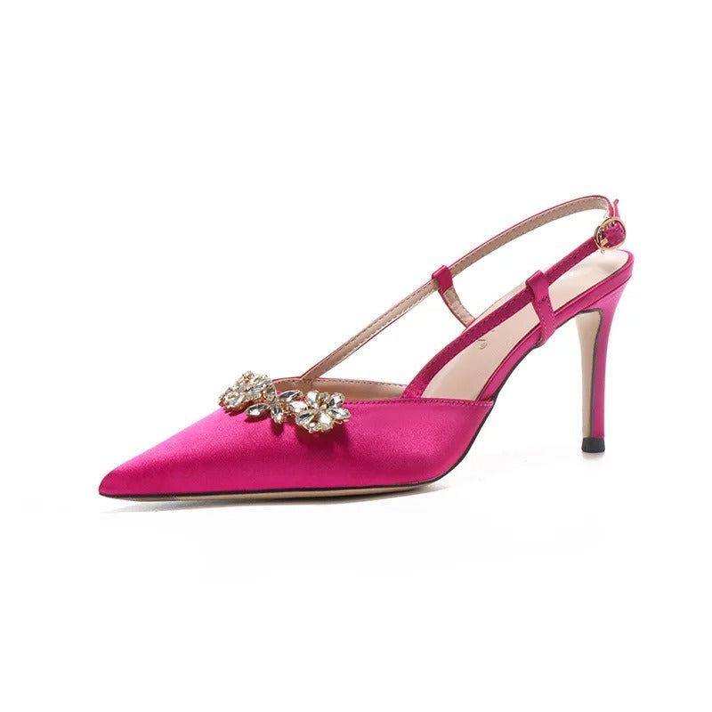 Luxury Satin Rhinestone Flower Design High Heels Women Sexy Pointed Toe Heeled Sandals Back Strap Blue Pumps Party Wedding Shoes
