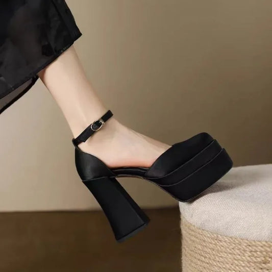Mary Jane Block Heels High Quality Satin Women's Ultra High Heels Round Toe Thick Sole Ankle Straps Party Wedding Shoes