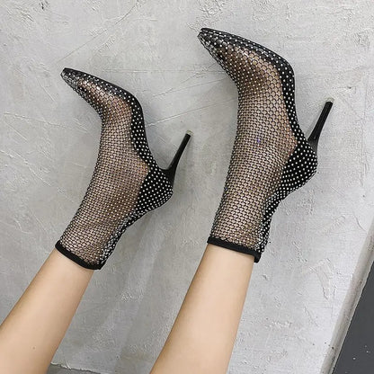 Bling Bling Rhinestone Mesh Pointed Toe Sandals Ankle Boots Stiletto High Heels Female Crystal Mesh Shoes Sandals
