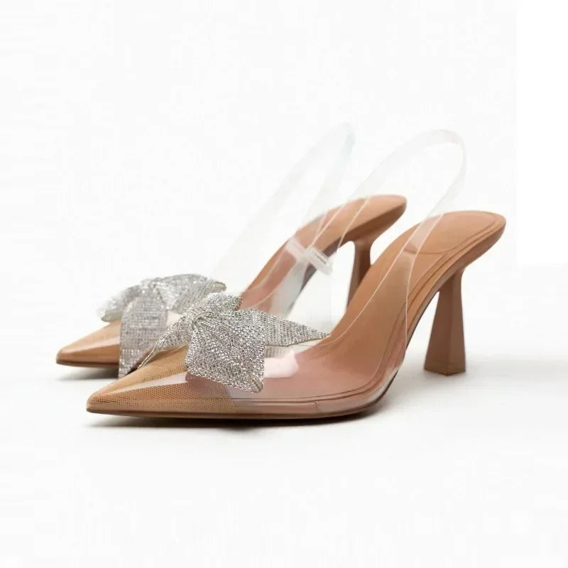 Women's Pointed Head High Heeled Pumps ZAZA Sexy Woman Shoes Fashion Pearl Decoration Slingback Woman Sandals