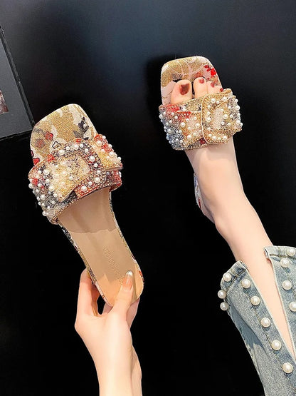 Chunky Heel Fashion Flat Ladies Rhinestone Slippers Women's Shoes Comfort Summer Peep Toe Shoes
